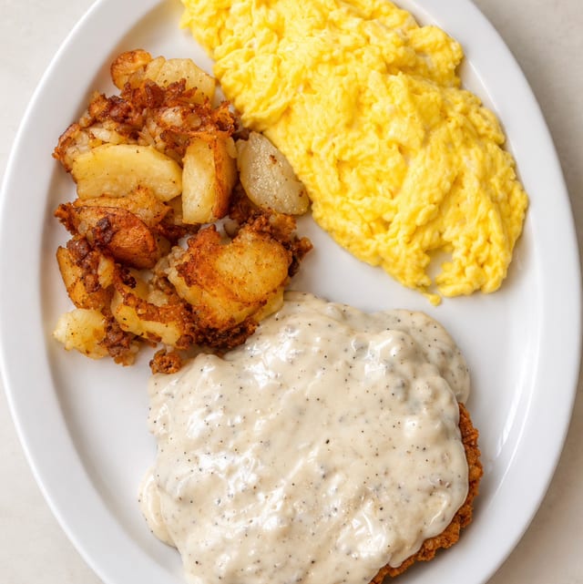KFC Country Fried Chicken Topped w Sausage Gravy & 2 Eggs.
