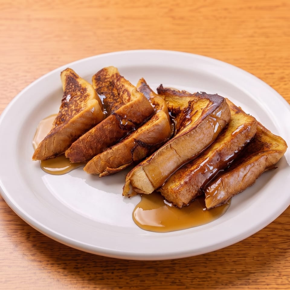 Golden brown French toast slices drizzled with syrup on a white plate, on a wooden table.