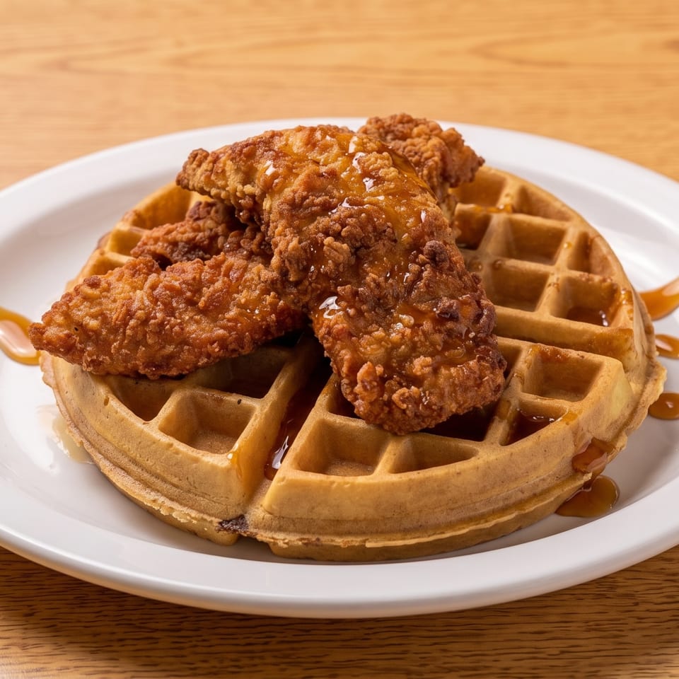 Golden-brown chicken and waffles drizzled with syrup on a white plate, on a wooden table.