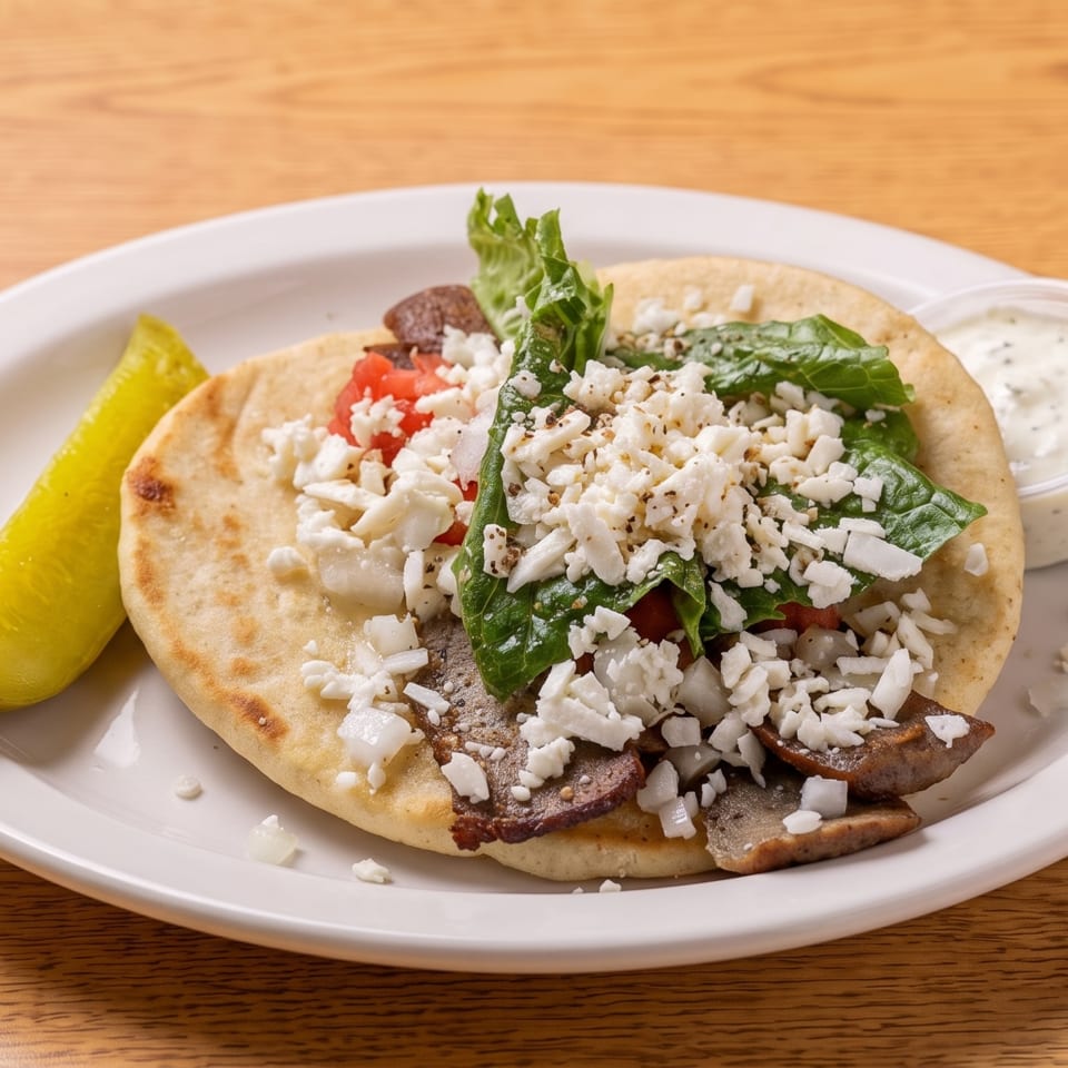 Gyro on pita bread with meat, lettuce, tomatoes, feta, and a side of tzatziki and pickle.
