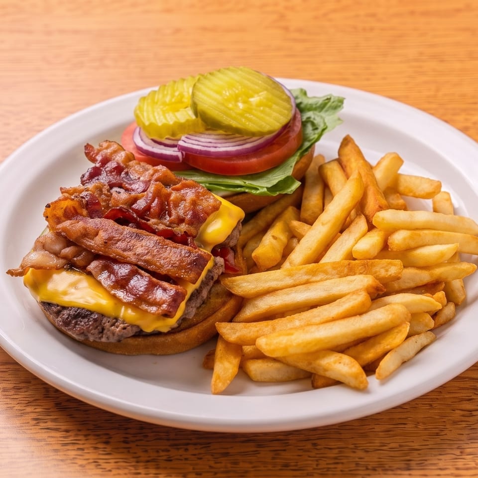A bacon cheeseburger with lettuce, tomato, onion, and pickles, served with golden french fries.