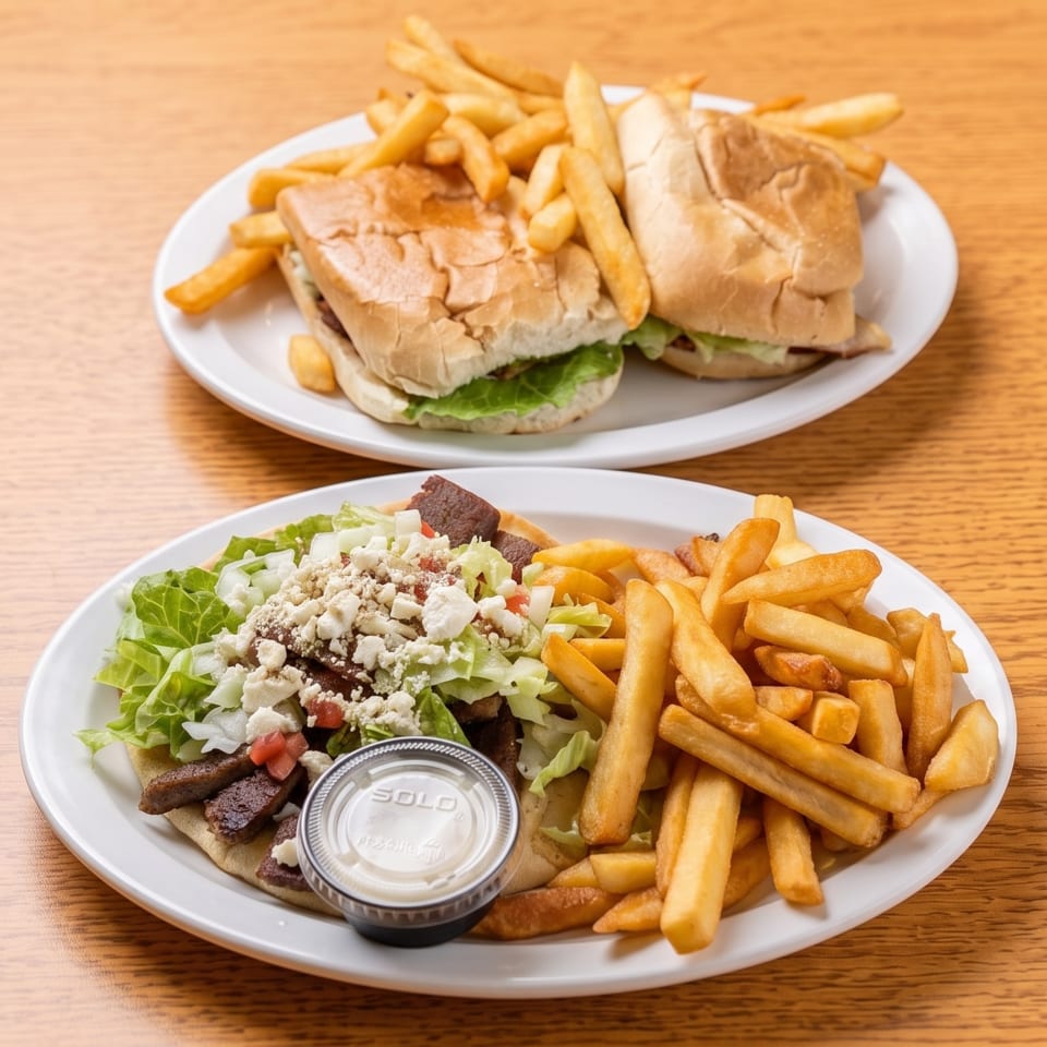 Two plates of food, one with a gyro and fries, the other with a sandwich and fries.