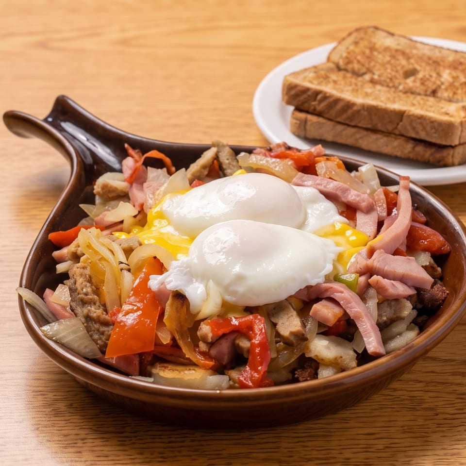 Breakfast skillet with poached eggs, ham, sausage, peppers, and onions, served with toast.