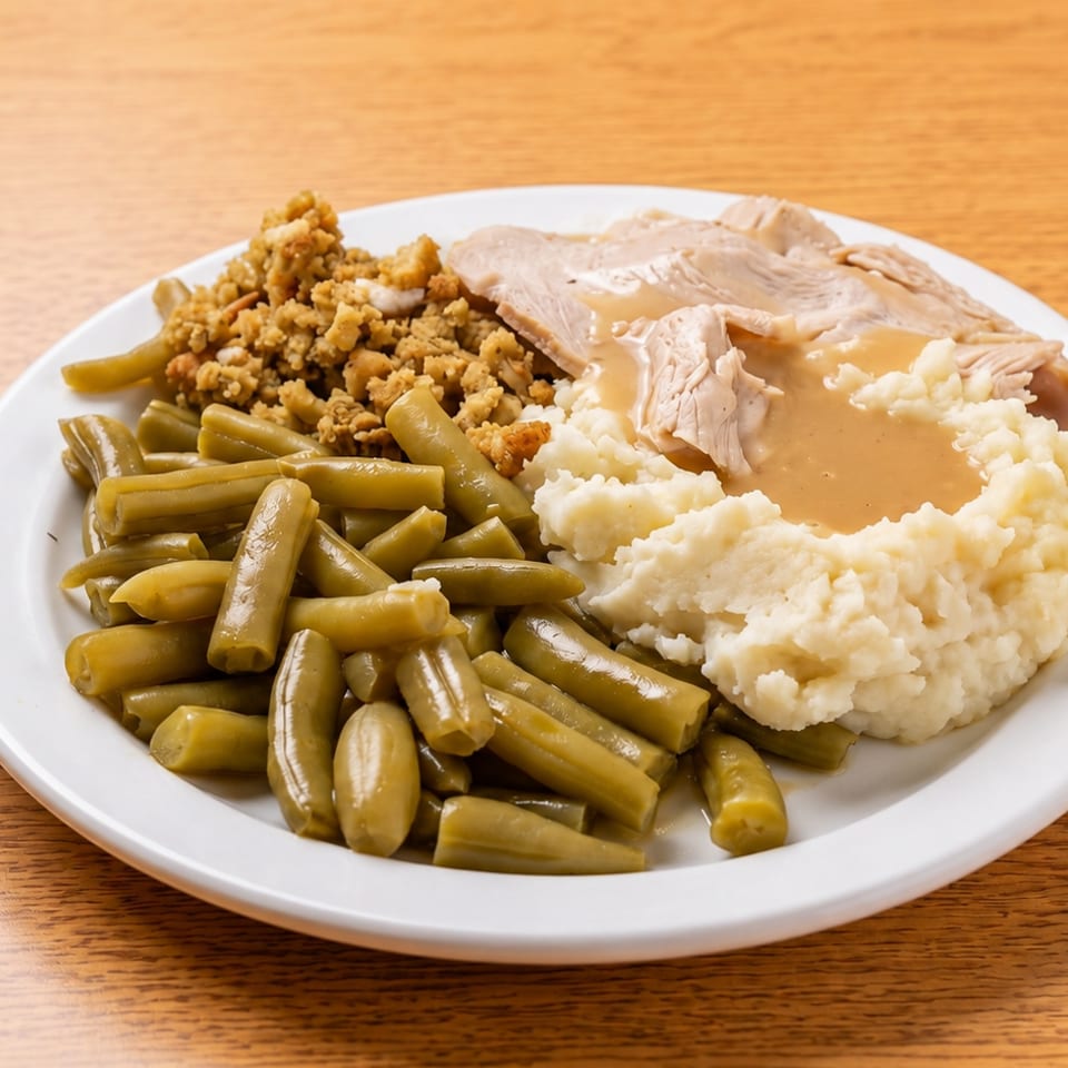A white plate with sliced turkey, mashed potatoes with gravy, green beans, and stuffing.