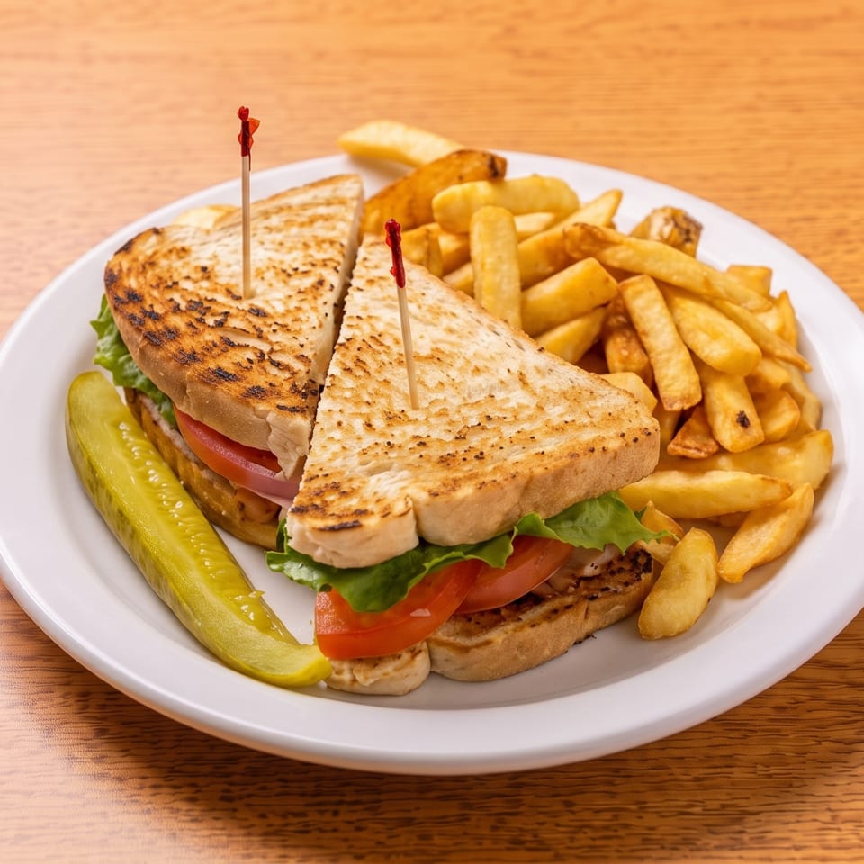 Club sandwich with grilled bread, lettuce, tomato, and meat, served with french fries and a pickle.