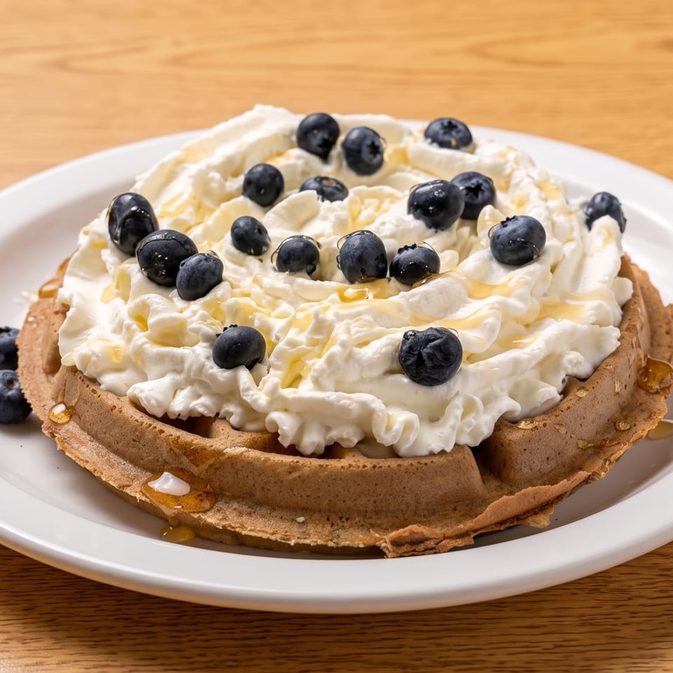 Waffle topped with whipped cream, fresh blueberries, and a drizzle of syrup on a white plate.