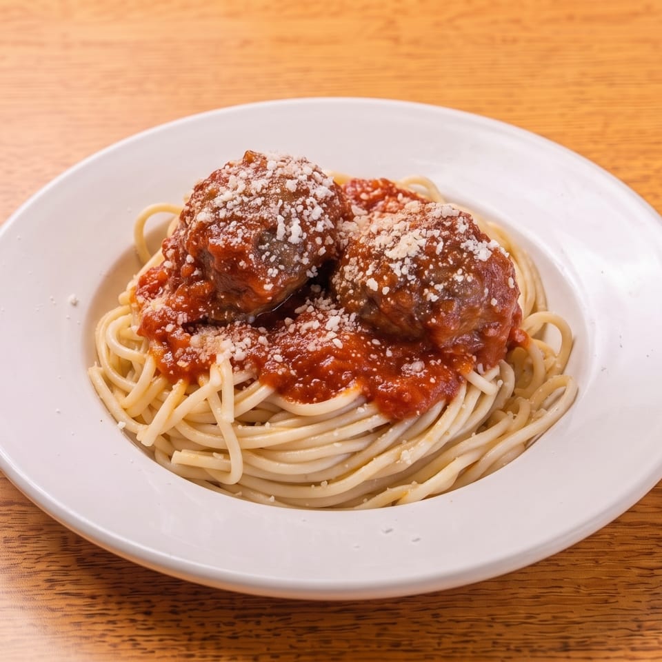 Spaghetti with two large meatballs, marinara sauce, and grated cheese on a white plate.
