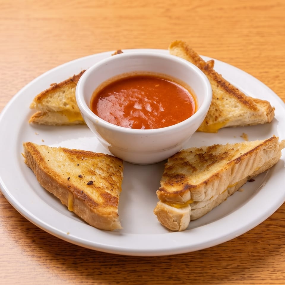 Grilled cheese sandwich triangles with a side of tomato soup on a white plate.
