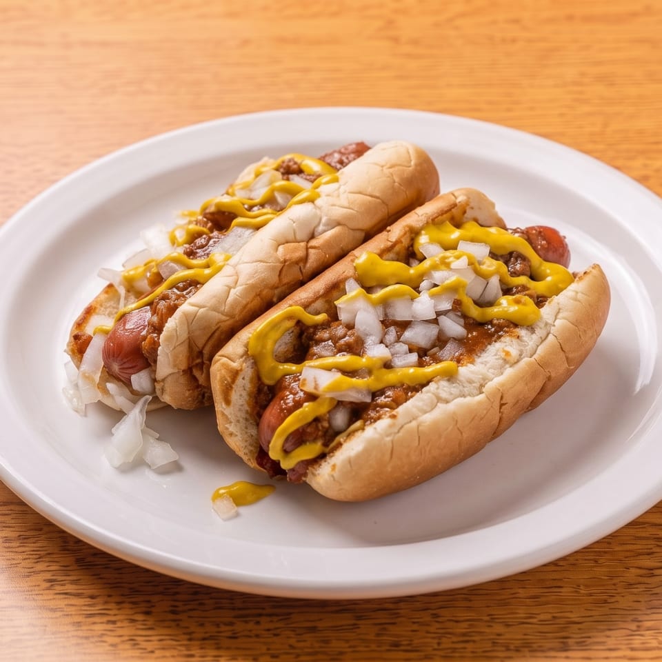 Two chili dogs with mustard and diced onions on a white plate on a wooden table.
