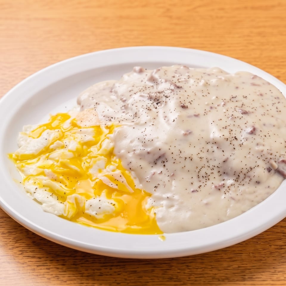 Scrambled eggs with runny yolk and creamy gravy with black pepper on a white plate.