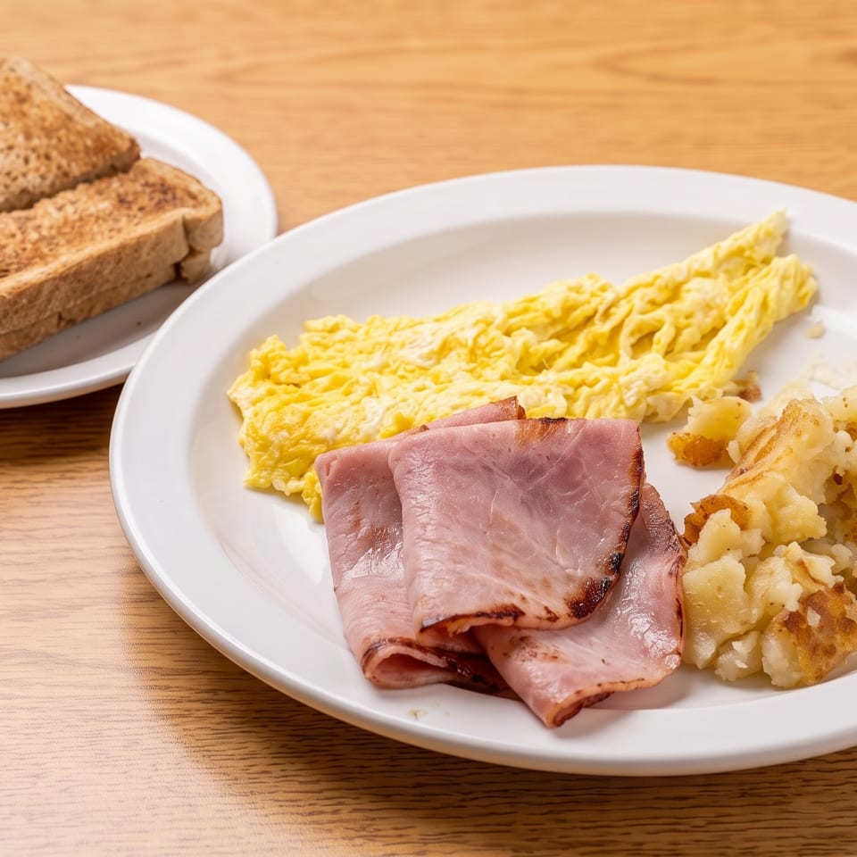 Breakfast plate with scrambled eggs, ham, home fries, and a side of toast on a wooden table.