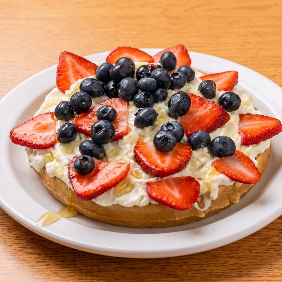 A golden waffle topped with whipped cream, fresh strawberries, blueberries, and a drizzle of honey.