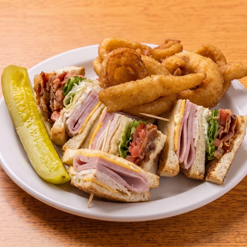Club sandwiches with ham, cheese, bacon, and lettuce, served with onion rings and a pickle.