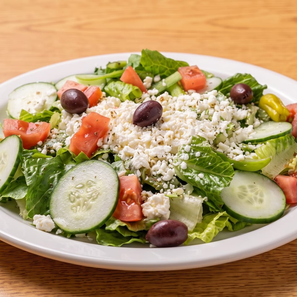 A fresh Greek salad with lettuce, tomatoes, cucumbers, feta cheese, olives, and a pepperoncini.