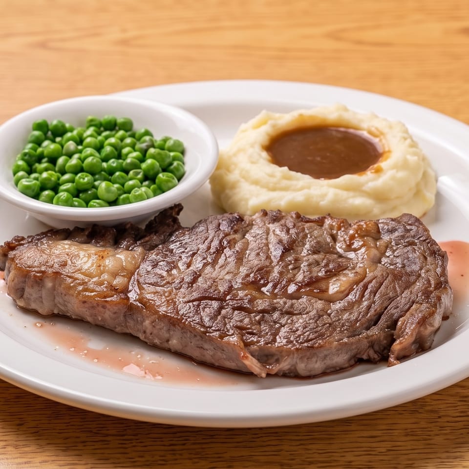 Grilled steak with mashed potatoes and gravy, and a side of green peas on a white plate.