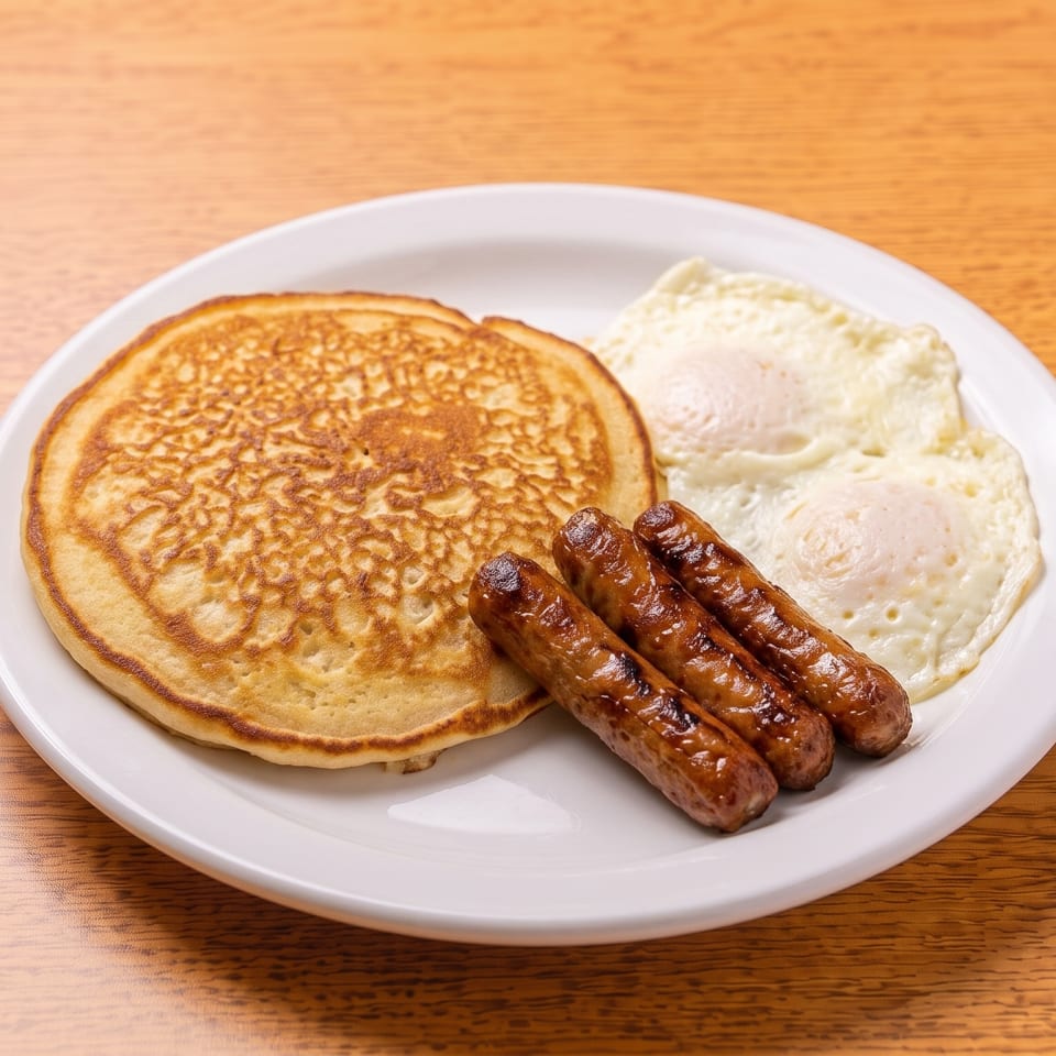 Breakfast plate with a pancake, three sausage links, and two fried eggs on a wooden table.