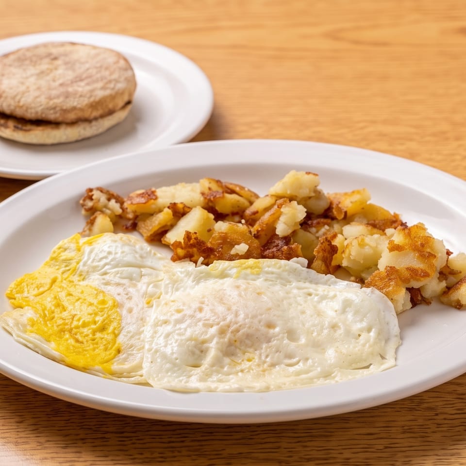 A breakfast plate with fried eggs, crispy home fries, and an English muffin on a wooden table.