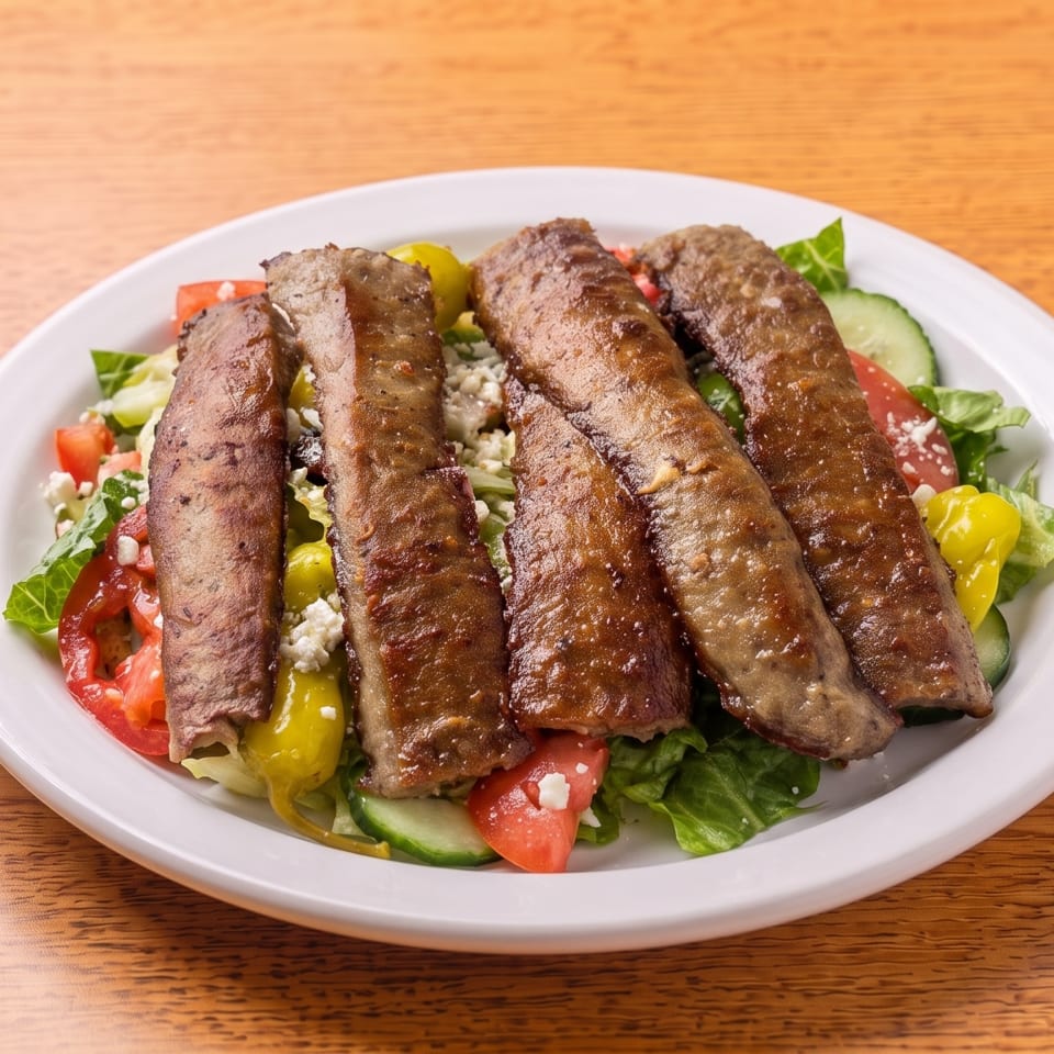 A white plate holds a gyro salad with meat strips, lettuce, tomatoes, cucumbers, and feta cheese.