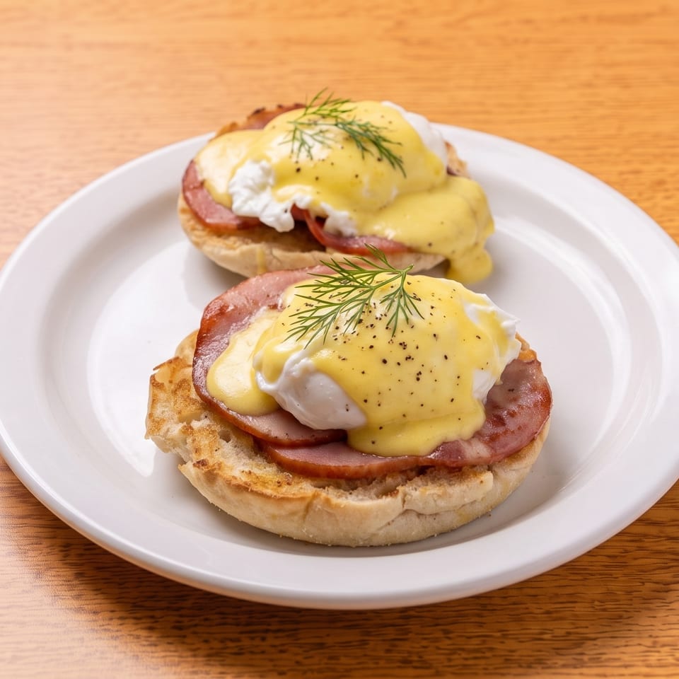 Two eggs Benedict with ham, hollandaise sauce, and dill on a white plate.
