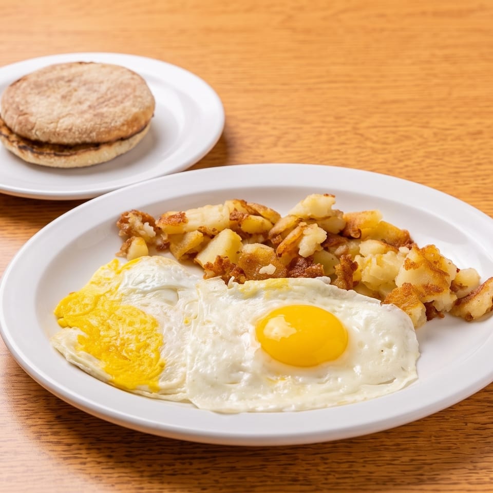 Breakfast plate with two fried eggs, crispy home fries, and a toasted English muffin on a wooden table.